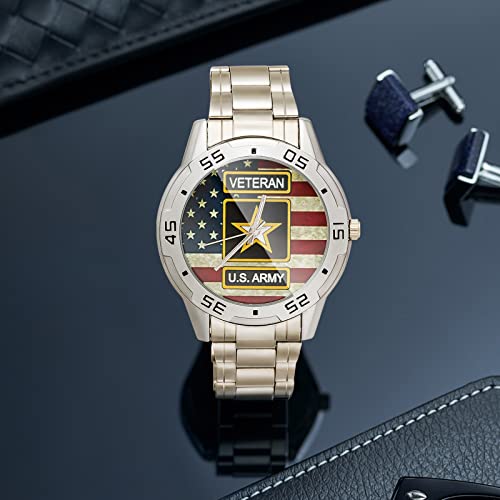 Special Design Military US Army Veteran and American Flag Custom Men's Stainless Steel Analog Watch Sliver Metal Case, Tempered Glass