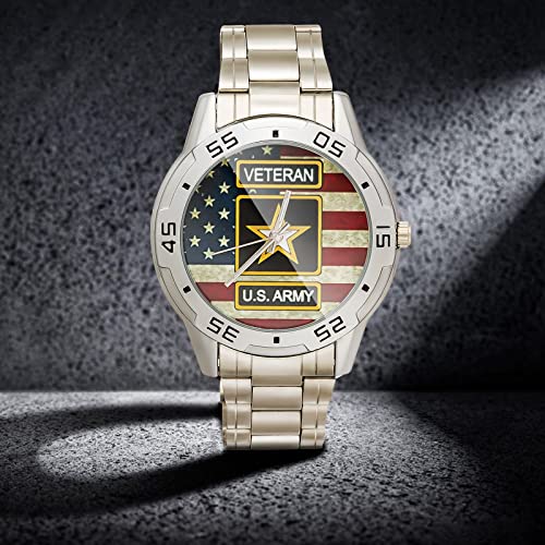 Special Design Military US Army Veteran and American Flag Custom Men's Stainless Steel Analog Watch Sliver Metal Case, Tempered Glass