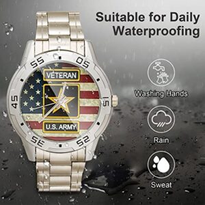 Special Design Military US Army Veteran and American Flag Custom Men's Stainless Steel Analog Watch Sliver Metal Case, Tempered Glass