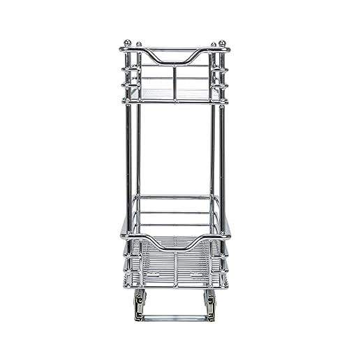 Household Essentials Narrow Sliding Cabinet Organizer, Two Tier Chrome Organizer, Chrome, Great for Slim Cabinets in Kitchen, Bathroom and More