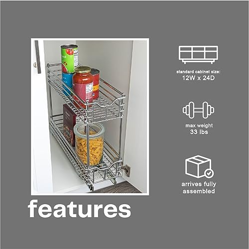 Household Essentials Narrow Sliding Cabinet Organizer, Two Tier Chrome Organizer, Chrome, Great for Slim Cabinets in Kitchen, Bathroom and More