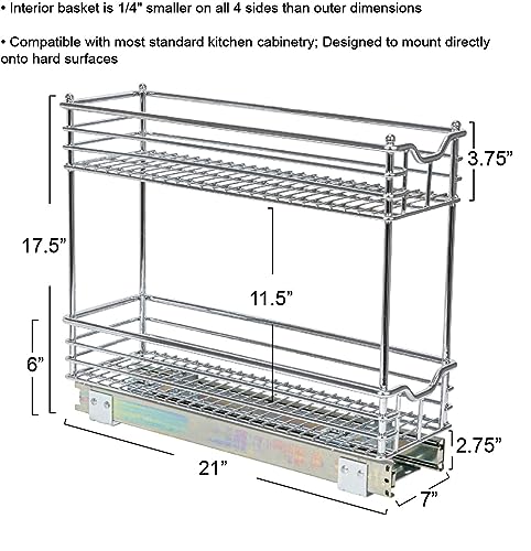 Household Essentials Narrow Sliding Cabinet Organizer, Two Tier Chrome Organizer, Chrome, Great for Slim Cabinets in Kitchen, Bathroom and More