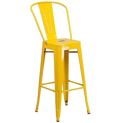 Flash Furniture Commercial Grade 23.75" Square Yellow Metal Indoor-Outdoor Bar Table Set with 2 Stools with Backs