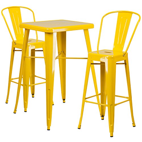 Flash Furniture Commercial Grade 23.75" Square Yellow Metal Indoor-Outdoor Bar Table Set with 2 Stools with Backs