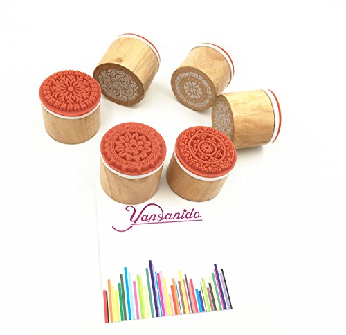 6 Pcs Flower Pattern Round Wooden Rubber Stamp for Scrapbooking and Wedding Invitation Cards (Flower Design)