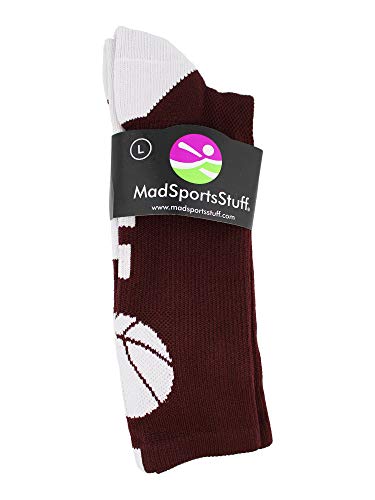 MadSportsStuff Basketball Logo Athletic Crew Socks, Small - Maroon/White