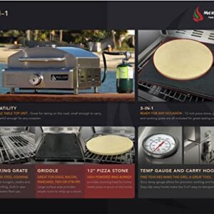 Mont Alpi MA-3N1 Multi-Fuel 12000 BTU Stainless Steel 3 in 1 Indoor Outdoor Table Top Countertop Portable Kitchen Gas Barbecue Grill Griddle & Pizza Oven + Pizza Stone & Cast Iron Skillet