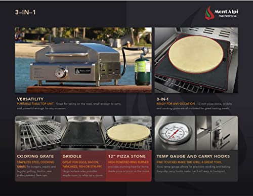 Mont Alpi MA-3N1 Multi-Fuel 12000 BTU Stainless Steel 3 in 1 Indoor Outdoor Table Top Countertop Portable Kitchen Gas Barbecue Grill Griddle & Pizza Oven + Pizza Stone & Cast Iron Skillet