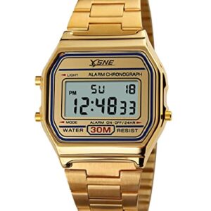 Digital Sports Watch Men's Women Water Resistant Outdoor Stainless Steel Band Electronic Square LED Back Light Wristwatch Gold 1123