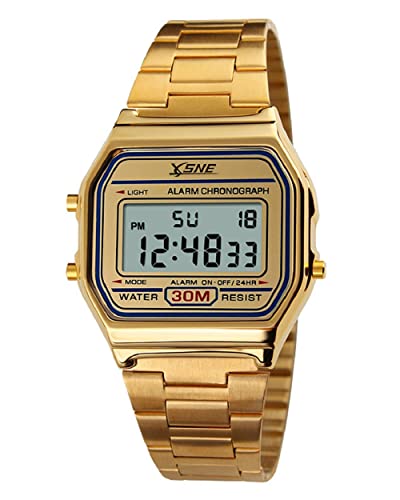 Digital Sports Watch Men's Women Water Resistant Outdoor Stainless Steel Band Electronic Square LED Back Light Wristwatch Gold 1123