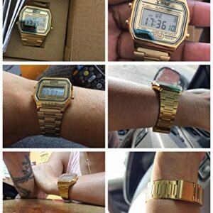 Digital Sports Watch Men's Women Water Resistant Outdoor Stainless Steel Band Electronic Square LED Back Light Wristwatch Gold 1123