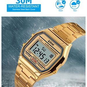 Digital Sports Watch Men's Women Water Resistant Outdoor Stainless Steel Band Electronic Square LED Back Light Wristwatch Gold 1123