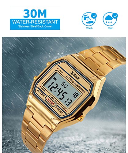 Digital Sports Watch Men's Women Water Resistant Outdoor Stainless Steel Band Electronic Square LED Back Light Wristwatch Gold 1123