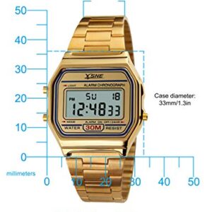 Digital Sports Watch Men's Women Water Resistant Outdoor Stainless Steel Band Electronic Square LED Back Light Wristwatch Gold 1123