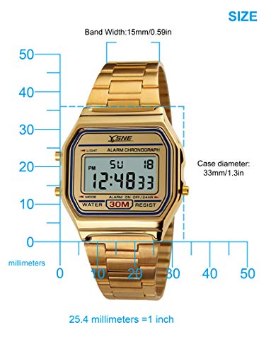 Digital Sports Watch Men's Women Water Resistant Outdoor Stainless Steel Band Electronic Square LED Back Light Wristwatch Gold 1123