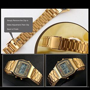 Digital Sports Watch Men's Women Water Resistant Outdoor Stainless Steel Band Electronic Square LED Back Light Wristwatch Gold 1123