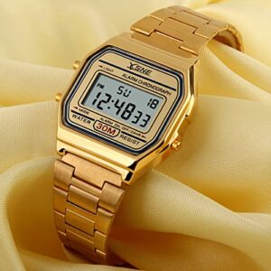 Digital Sports Watch Men's Women Water Resistant Outdoor Stainless Steel Band Electronic Square LED Back Light Wristwatch Gold 1123