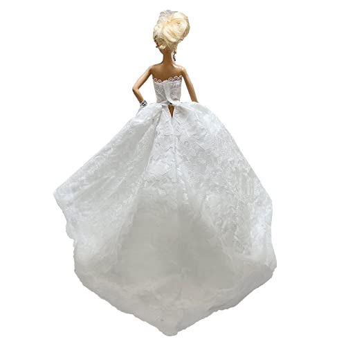 Peregrine White Floral Chapel Train Soft Tulle Wedding Dress with Lace for 11.5 inches Dolls