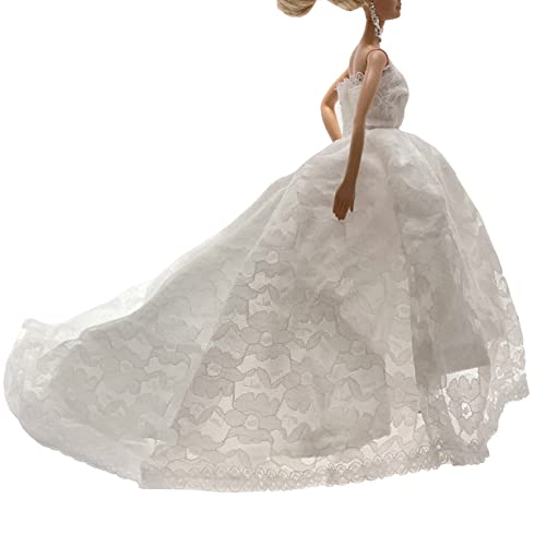 Peregrine White Floral Chapel Train Soft Tulle Wedding Dress with Lace for 11.5 inches Dolls