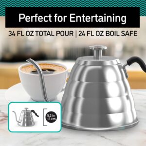 Coffee Gator 34oz Stainless Steel Gooseneck Kettle with Thermometer, 4 Cup