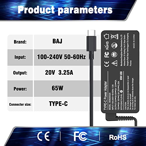 BAJ 65W 45W USB C Laptop Power Adapter Charger for Lenovo Chromebook 100e 300e 500e C330 S330 Series,Yoga C930 C940 C740 S730 730 730S 910 920 13 IdeaPad 730s Power Supply