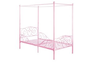 dhp metal canopy kids platform bed with four poster design, scrollwork headboard and footboard, underbed storage space, no box sring needed, twin, pink