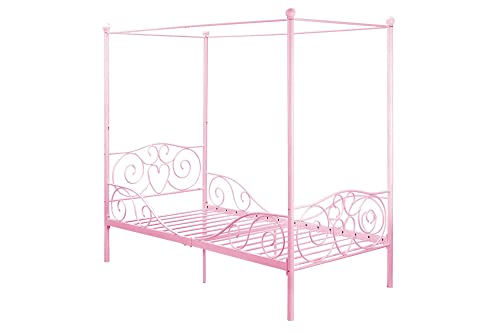 DHP Metal Canopy Kids Platform Bed with Four Poster Design, Scrollwork Headboard and Footboard, Underbed Storage Space, No Box Sring Needed, Twin, Pink