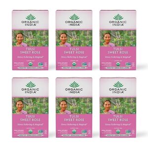 organic india tulsi sweet rose herbal tea - holy basil, stress relieving & magical, immune support, adaptogen, vegan, usda certified organic, non-gmo, caffeine-free - 18 infusion bags, 6 pack