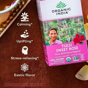 Organic India Tulsi Sweet Rose Herbal Tea - Holy Basil, Stress Relieving & Magical, Immune Support, Adaptogen, Vegan, USDA Certified Organic, Non-GMO, Caffeine-Free - 18 Infusion Bags, 6 Pack