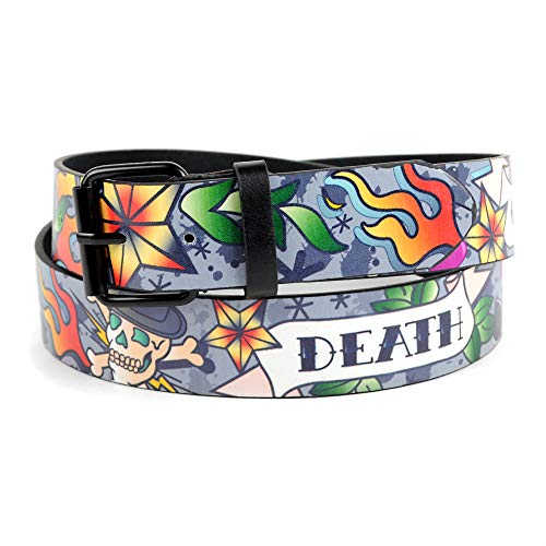 boxed-gifts Men's Assorted Graphic Printed Buckle Belts (Medium, Death or Glory)