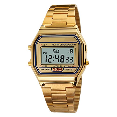 VIGOROSO Men Lady Vintage Retro Gold Stainless Steel Digital Casual Watch Alarm Stopwatch(Gold)