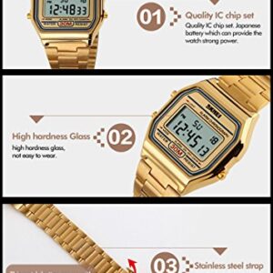 VIGOROSO Men Lady Vintage Retro Gold Stainless Steel Digital Casual Watch Alarm Stopwatch(Gold)