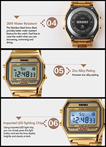 VIGOROSO Men Lady Vintage Retro Gold Stainless Steel Digital Casual Watch Alarm Stopwatch(Gold)