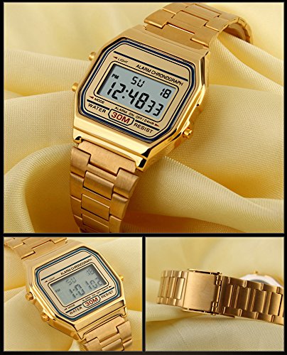 VIGOROSO Men Lady Vintage Retro Gold Stainless Steel Digital Casual Watch Alarm Stopwatch(Gold)