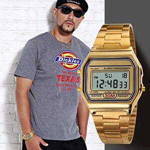 VIGOROSO Men Lady Vintage Retro Gold Stainless Steel Digital Casual Watch Alarm Stopwatch(Gold)