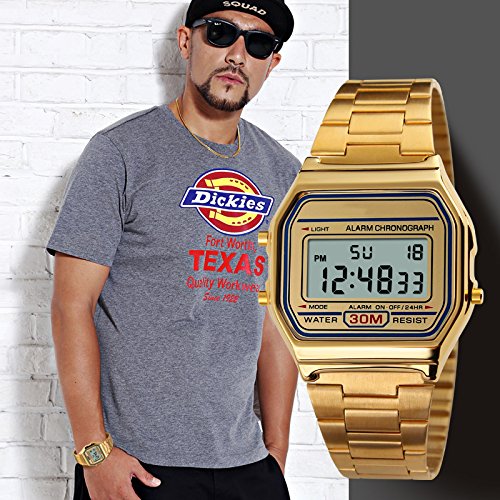 VIGOROSO Men Lady Vintage Retro Gold Stainless Steel Digital Casual Watch Alarm Stopwatch(Gold)