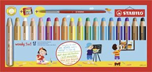 stabilo multi-talented pencil woody 3 in 1 - pack of 18 - assorted colours with sharpener and paint brush