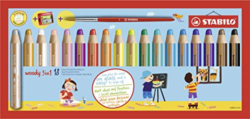 STABILO Multi-Talented Pencil woody 3 in 1 - Pack of 18 - Assorted Colours with Sharpener and Paint Brush