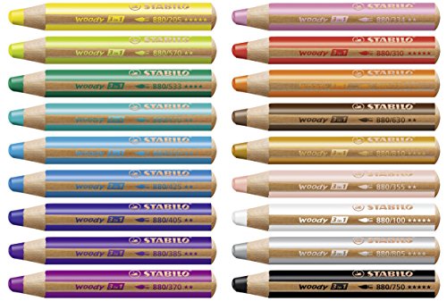 STABILO Multi-Talented Pencil woody 3 in 1 - Pack of 18 - Assorted Colours with Sharpener and Paint Brush