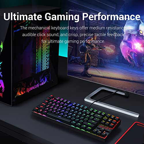 Redragon K552 Mechanical Gaming Keyboard RGB LED Backlit Wired with Anti-Dust Proof Switches for Windows PC (Black, 87 Key Blue Switches)