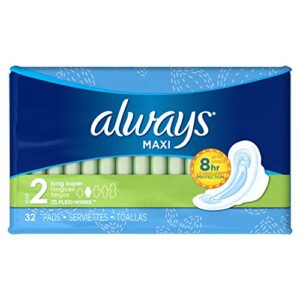 always maxi, size 2, super pads with wings, unscented 32 count