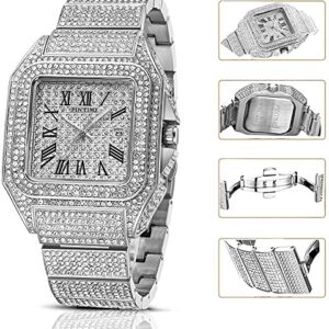 Gosasa Fashion Hip Hop Men's Crystal Watch Bling Bling Iced Out Watch Rectangle Case Stainless Steel Quartz Analog Bracelet Wristwatch (Silver)