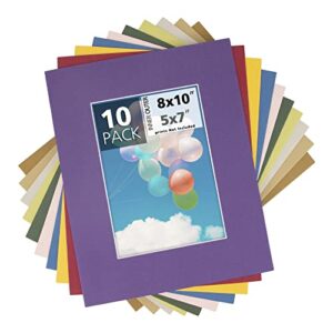 mat board center, pack of 10, 8x10 mixed colors white core picture mats mattes matting for 5x7 photo