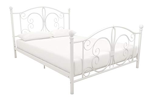 DHP Bombay Metal Platform Bed with Parisian Style Headboard and Footboard, Adjustable Base Height for Underbed Storage, No Box Spring Needed, Full, White