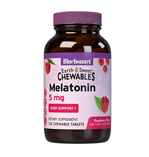 Bluebonnet Nutrition EarthSweet Melatonin 5 mg Fast-Acting Quick Dissolve Nighttime Relaxation & Restful Sleep Support - Sleep Aid - Gluten-Free, Vegan - Raspberry Flavor - 120 Chewable Tablets