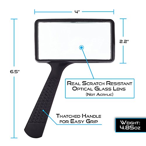 Jumbo Rectangular Handheld Magnifying Glass (3X Magnification) – Scratch Resistant Glass Lens - Large Horizontal Viewing Area