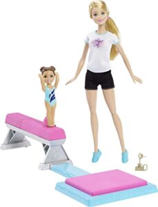 barbie gymnastic dolls & accessories, flippin' fun gymnast playset with 2 dolls, balance beam & flipping dismount action