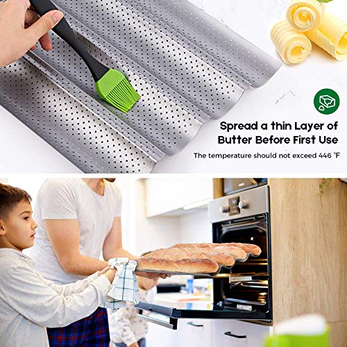 AMAGABELI GARDEN & HOME Nonstick Perforated Baguette Pan 15" x 13" for French Bread Baking 4 Wave Loaves Loaf Bake Mold Toast Cooking Bakers Molding 4 Gutter Oven Toaster Pan Cloche Waves Silver