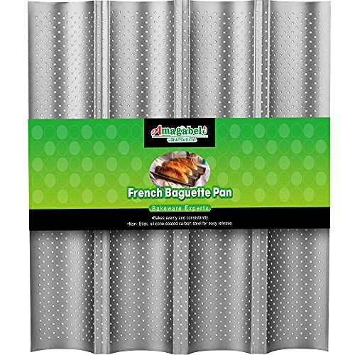 AMAGABELI GARDEN & HOME Nonstick Perforated Baguette Pan 15" x 13" for French Bread Baking 4 Wave Loaves Loaf Bake Mold Toast Cooking Bakers Molding 4 Gutter Oven Toaster Pan Cloche Waves Silver