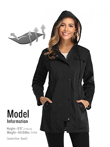 SaphiRose Women's Long Hooded Rain Jacket Outdoor Raincoat Windbreaker(Black,Medium)
